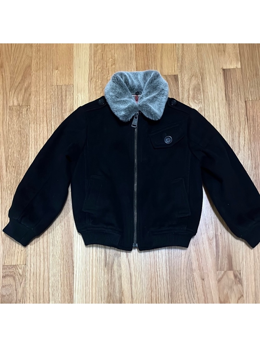 Burberry Toddler Boy Black Wool Blend Bomber Jacket Coat 4T Faux Fur Collar